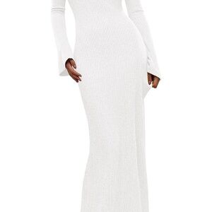Long Sleeve White Ribbed Knit Maxi Dress - Women's